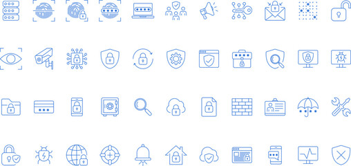 Security set icons in line style. Cyber Security, internet protection, mobile app, password, spy, security system, finger print, electronic Vector illustration.
