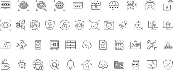 Fototapeta na wymiar Security set icons in line style. Cyber Security, internet protection, mobile app, password, spy, security system, finger print, electronic Vector illustration.