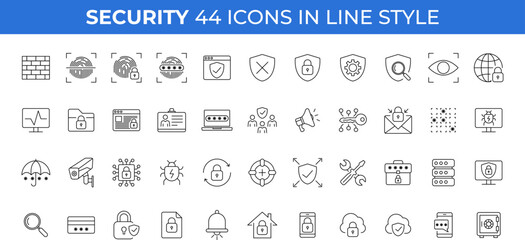 Security set icons in line style. Cyber Security, internet protection, mobile app, password, spy, security system, finger print, electronic Vector illustration.