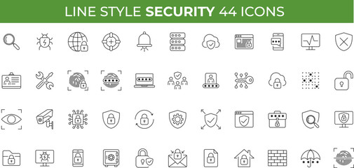 Security set icons in line style. Cyber Security, internet protection, mobile app, password, spy, security system, finger print, electronic Vector illustration.