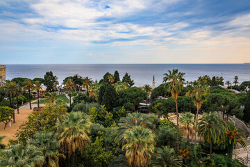 Fototapeta premium Aerial view of Jardin Albert 1 public garden with the Mediterranean Sea in the background at sunset in Nice, French Riviera, South of France