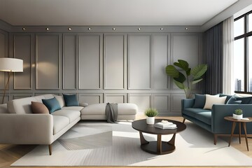 Interior of living room with coffee tables and gray armchair, home design 3d rendering