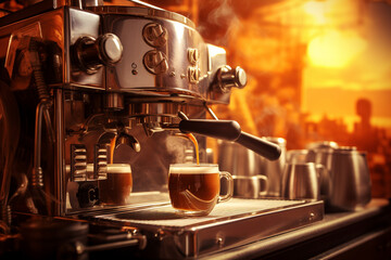 An espresso machine with cups of freshly brewed coffee