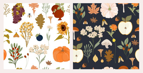 Collection of autumn seamless pattern. Fall leaves, harvest, wild flowers, mushrooms, plants. Editable vector illustration