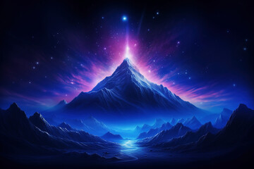 Blue mountain peak illuminated by radiant light