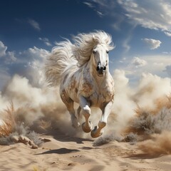 Obraz na płótnie Canvas A horse is running along in the sand in the style of cosmic landscapes cloudy sky behind it