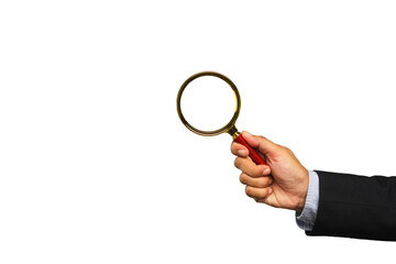 Businessman in a suit is holding a magnifier on a transparent background