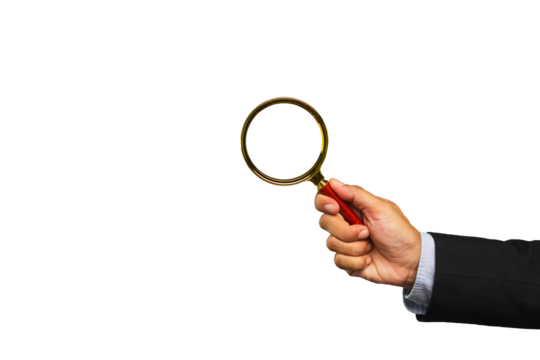 Businessman in a suit is holding a magnifier on a transparent background - Powered by Adobe