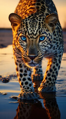 A wildlife leopard jaguar walking in a puddle at sunset created with Generative AI Technology