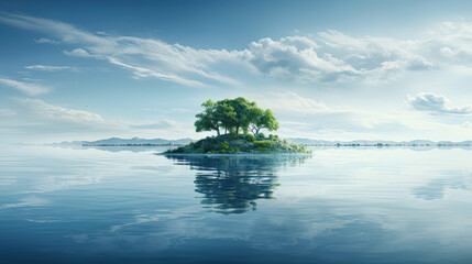 isolated island with tree surrounded by calm waters, serene landscape, cinematic color, nature banner, tree and water symbolizing nature in danger, environmental preservation wallpaper, AI 