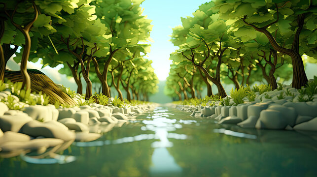 Illustration of a serene river flowing through a vibrant green forest, 3D landscape, low poly design, AI