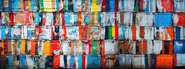 stack of compacted plastic containers, representing the issue of waste and waste compaction, environmental impact, texture, panoramic, colorful garbage, background, AI - obrazy, fototapety, plakaty