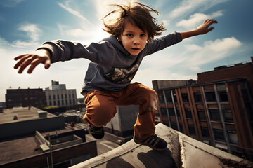 young child doing parkour on rooftop