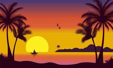 Fototapeta na wymiar sunset palm tree beach vector design