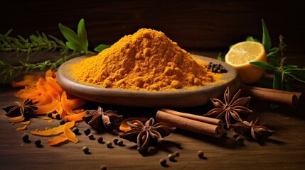 Turmeric powder in wooden bowls on a wooden table star anise and half of orange fruits in the background