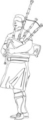 Man in Kilt Playing Bagpipe: Scottish Musician Vector Sketch, Bagpipe Instrument Icon: Scottish Man in Traditional Costume, Traditional Bagpipe Player Icon: Scottish Man Costume Vector