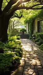Fototapeta premium Journey Through Time: A Nostalgic and Timeless Home Garden and Pathway. Generative AI 11