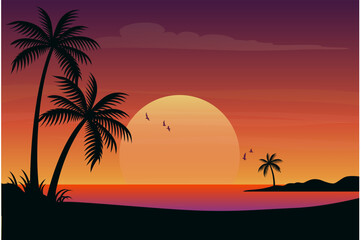 Fototapeta na wymiar Beautiful sunset beach palm trees birds clouds sea view