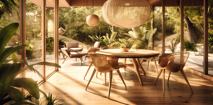 The Interior Deck of a Tropical Home, Featuring Comfortable Chairs and Tables