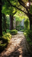 Fototapeta premium Journey Through Time: A Nostalgic and Timeless Home Garden and Pathway. Generative AI 10