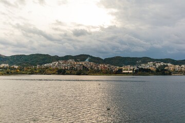 Lake view in autumn. Artificial Lake of Tirana, Albania