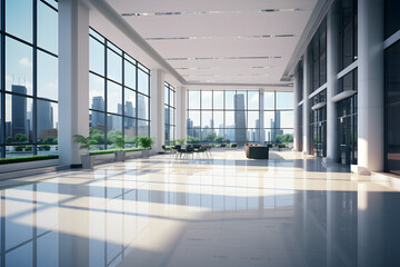 A beautiful modern spacious office hall with panoramic windows and a perspective