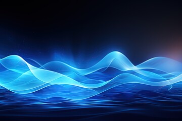 Dark abstract neon background, bright blue waves