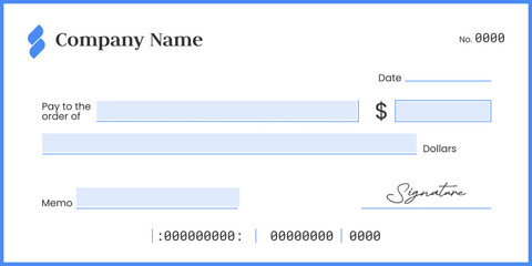 Blank business check template. Currency payment coupon. Blank bank check
