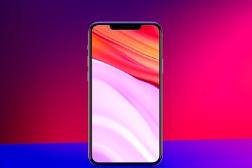 A mockup smartphone set against a vibrant neon gradient background featuring vivid blue, pink, and purple colors, with a blank white screen. Made with generative AI technology