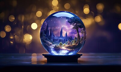 Fototapeta na wymiar Mesmerizing crystal ball unveils a vivid dreamscape within its mystical depths.
