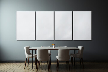 Four blank frames hanging on grey wall for presentation and mock up