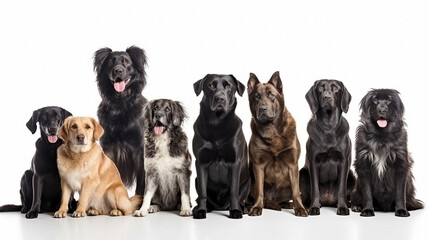 Group of dogs of different sizes and breeds on white background