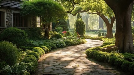 Fototapeta na wymiar Journey Through Time: A Nostalgic and Timeless Home Garden and Pathway. Generative AI 2