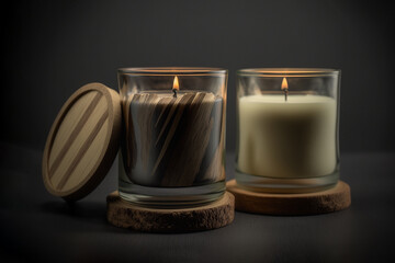 Obraz na płótnie Canvas Handmade scented candles in a glass with a wooden lid