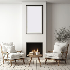 Home interior with fireplace, white chairs, photo frame and center table, 3D render.