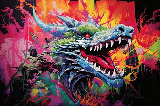 Dragon head with grunge background. Colorful dragon head design.