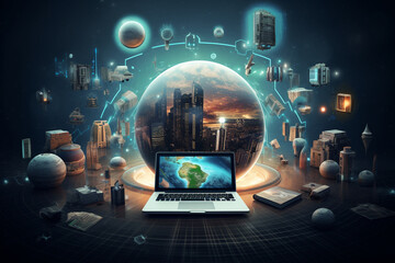 technology devices and icons connected to digital planet earth
