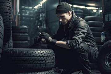 Fototapeta na wymiar Mechanic holding tire with copy space for text repair service center