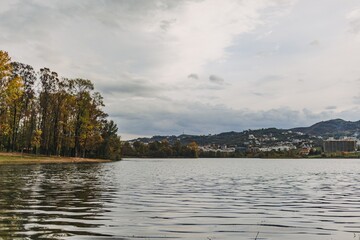 Lake view in autumn. Artificial Lake of Tirana, Albania