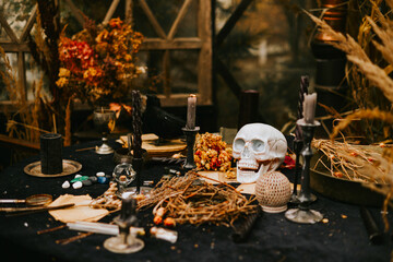 Halloween party decor in gloomy dark colors with the table is set