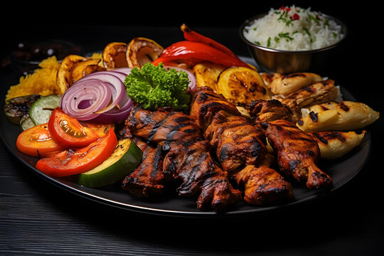 Arabic Turkish mixed grill meal, grilled chicken breast with thigh and breast, grilled kebab, shish tawook