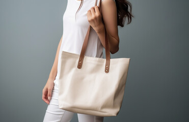 A woman holding white canvas versatile tote bag on a grey background, for mock up or presentation.