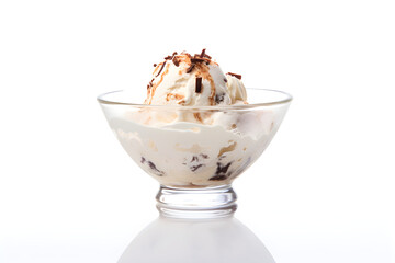 ice cream in a glass bowl on white background