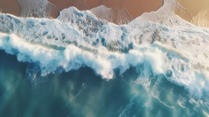 Zelfklevend Fotobehang Drone view of ocean breaks on shore. © Narut