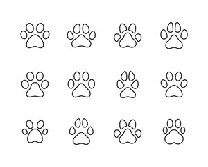 paw print icon set, Cat pawprint. Animal tracks logo. Animal footprint icons button, vector, sign, symbol, logo, illustration, editable stroke, outline design style isolated on white linear pictogram