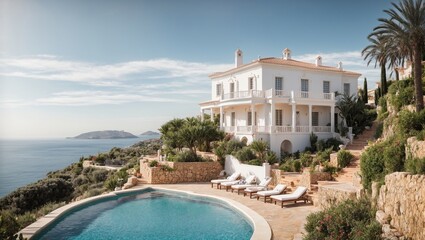 a pool and a house with a breathtaking sea view