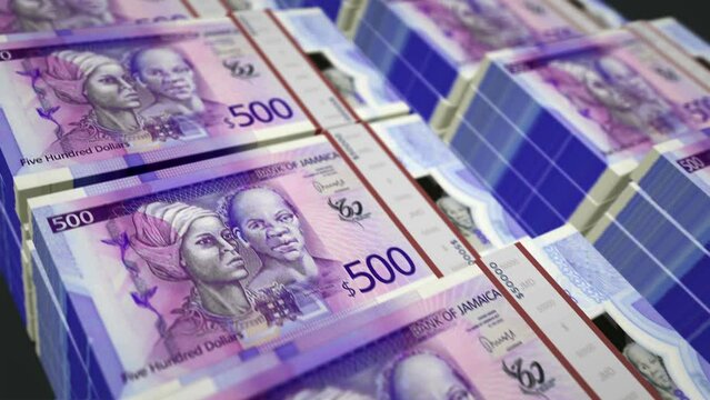 Jamaica money Jamaican Dollar money pack loop 3d animation. Loopable seamless concept of finance, cash, economy, business and bank. Camera moving over the 500 JMD banknote bundle stacks.