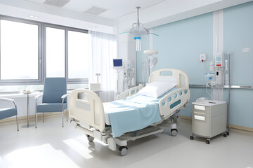 clean modern hospital room with bed and other equipment healthcare concept