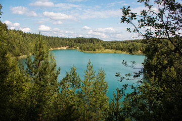 Blue lake in a pine forest