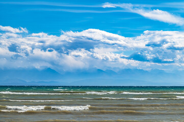 Cloudy sky over Issyk-Kul. Storm on the lake.